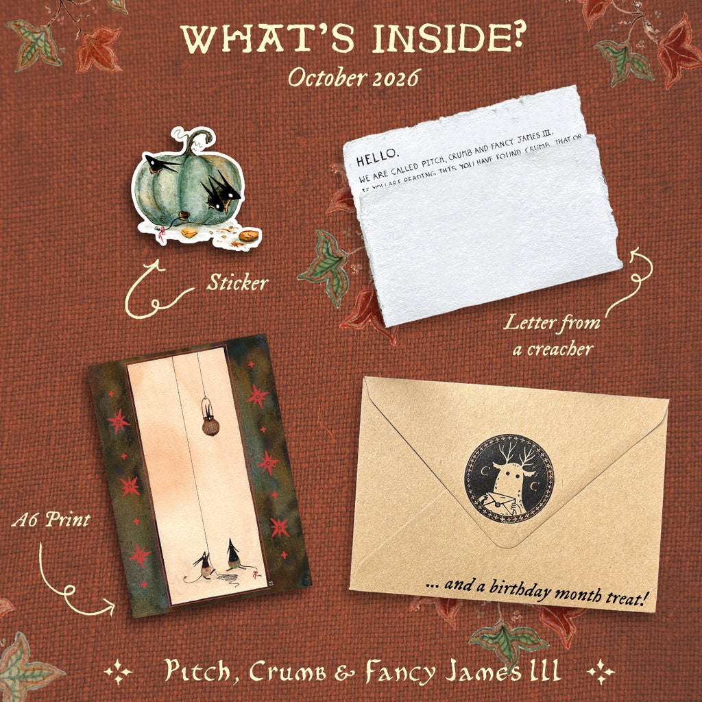 An autumn-themed 'What's Inside?' flat lay showing contents for October 2026 from Pitch, Crumble & Fancy James III. The layout includes a green pumpkin sticker, a handwritten letter from a cracker, an A6 print, and a kraft envelope with a deer logo, all arranged on a textured brown background with leaf illustrations.