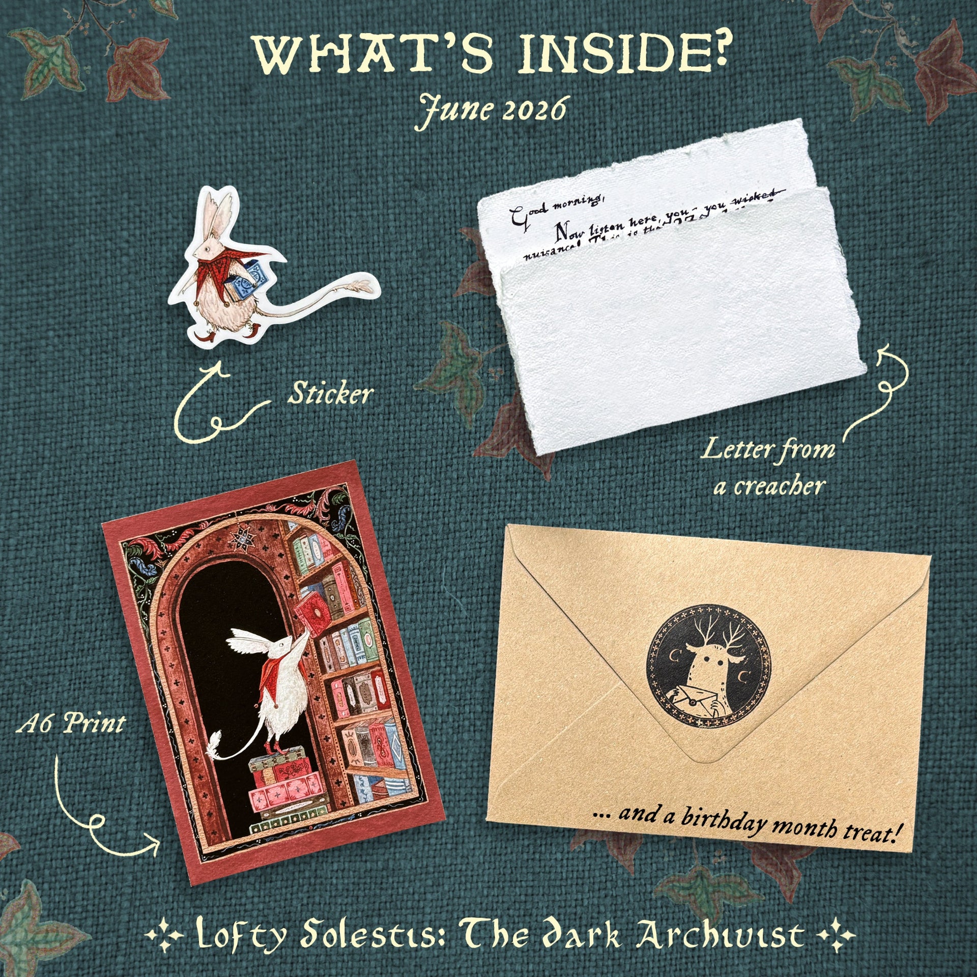 Promotional image for a product line featuring a letter, envelope, A6 print, and sticker with text 'What's Inside?' and 'Lofty Solestis: The Dark Archivist'.