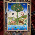 "Garden of Monstrosities" print in an ornate frame: medieval-style animals round an orange tree above a sea of fish