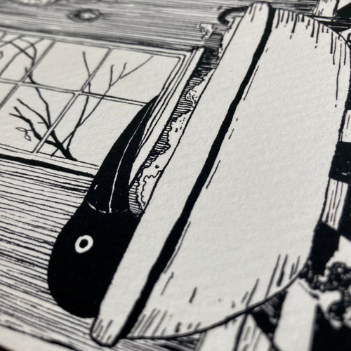 Close-up of the bath print: Birdface's black beaked head resting on the edge of the tub, ink on textured paper