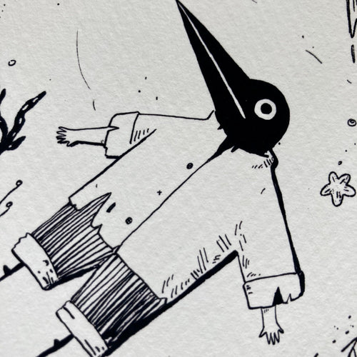 Close-up of the Beached print: Birdface lying with arms spread out, a starfish beside him