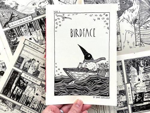 "Birdface: Issue 1" zine: cover of Birdface, a bird-headed figure, rowing a boat over inked waves