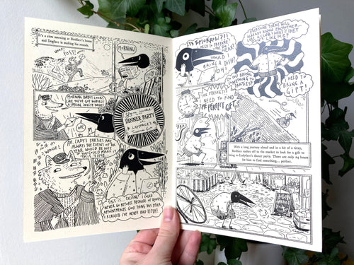 The zine held open: black and white comic pages as Birdface looks for a gift to take to the party