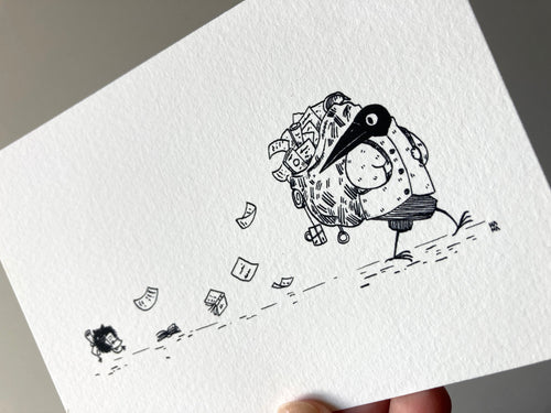 "Birdface's Bag" print: ink drawing of Birdface, a bird-headed figure, lugging a huge bag as items spill out